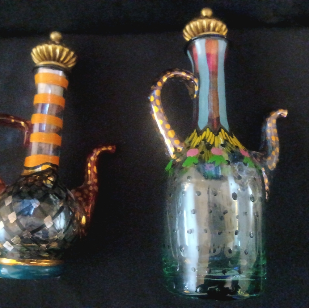 Mackenzie -Childs hand painted blown glass set 6.5" & 8".25" height Cruet set